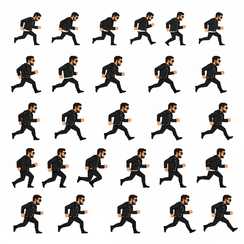AI Design for 2D pixel art running animation spritesheet of Balkan rapper Coby wearing sunglasses and black leather jacket, side view, arcade game asset, crisp .png format, solid white background.