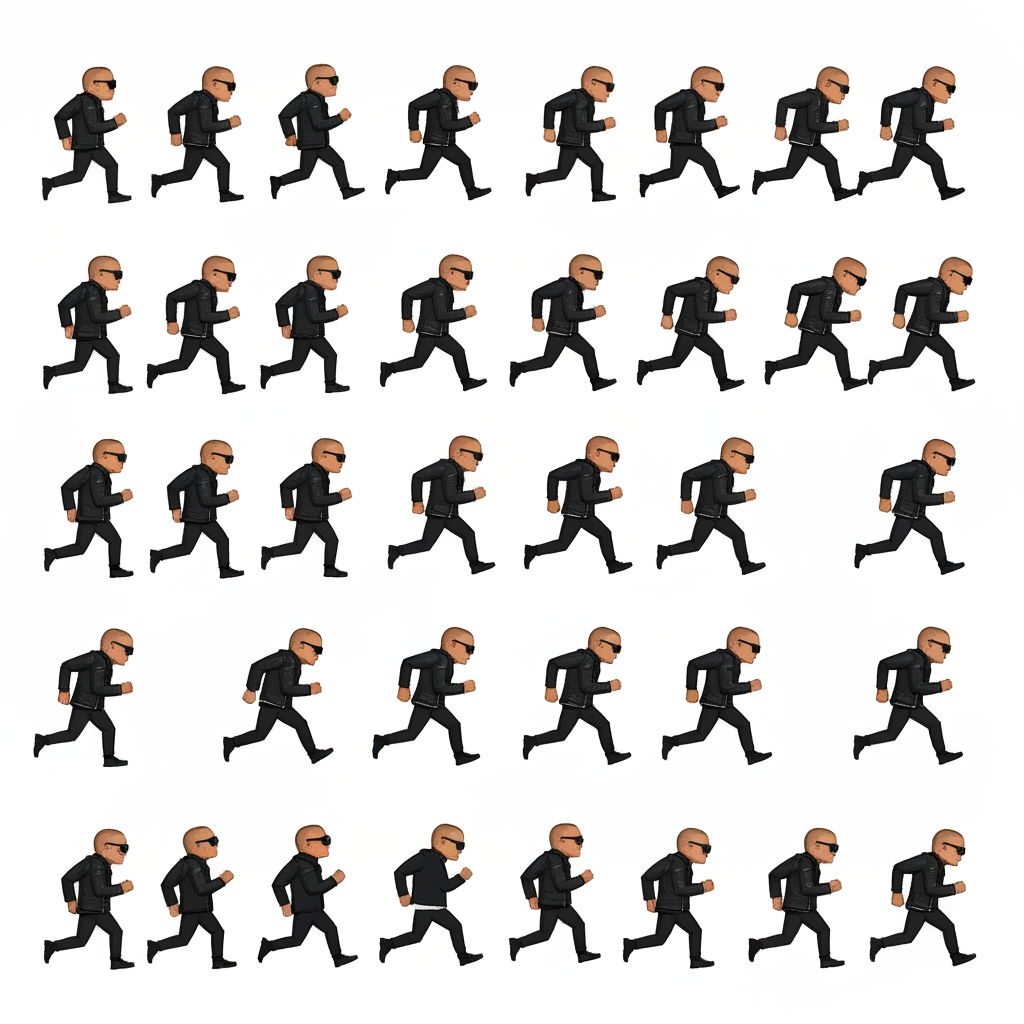 AI Design for 2D pixel art running animation spritesheet of Balkan rapper Coby wearing sunglasses and black leather jacket, side view, arcade game asset, crisp .png format, solid white background.