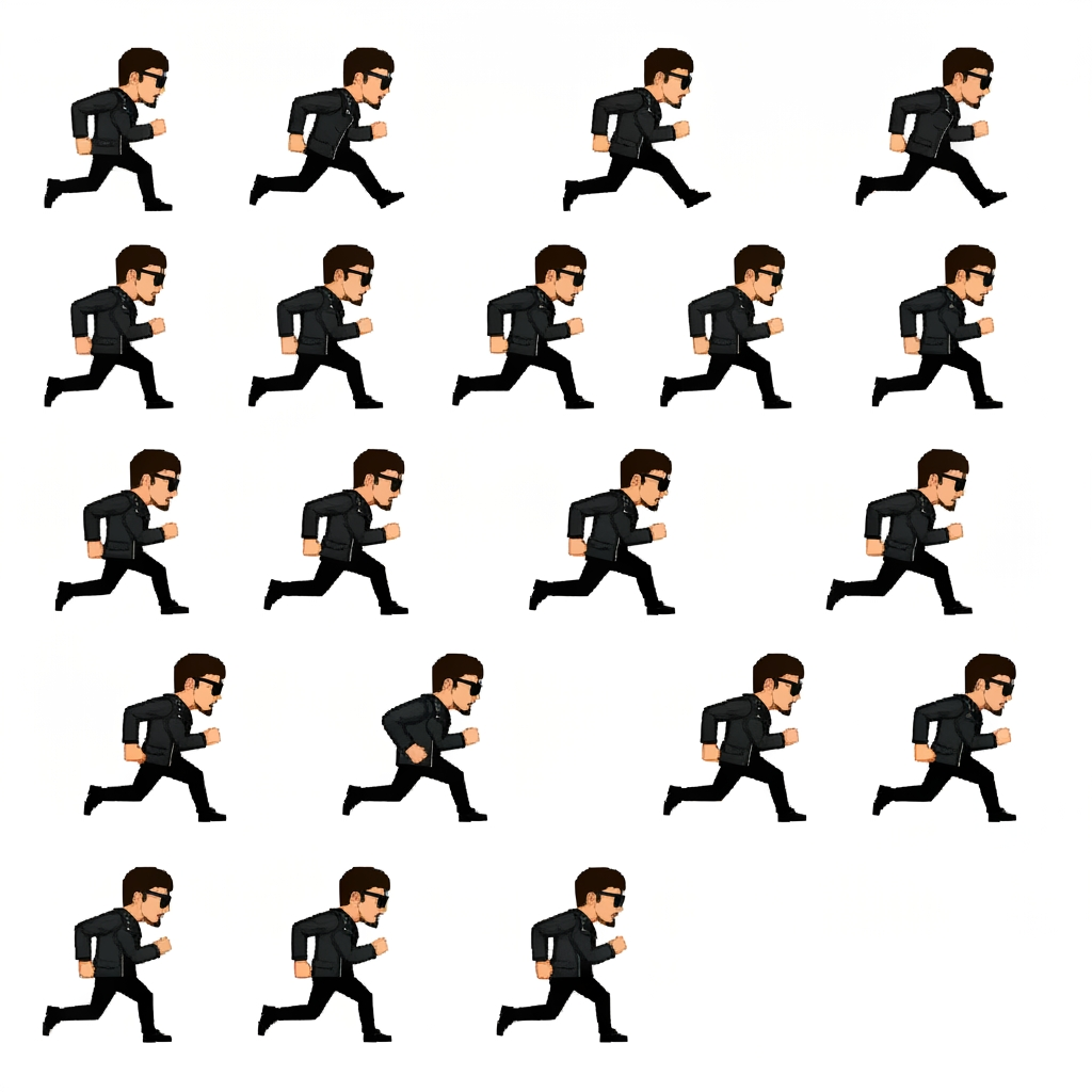 AI Design for 2D pixel art running animation spritesheet of Balkan rapper Coby wearing sunglasses and black leather jacket, side view, arcade game asset, crisp .png format, solid white background.