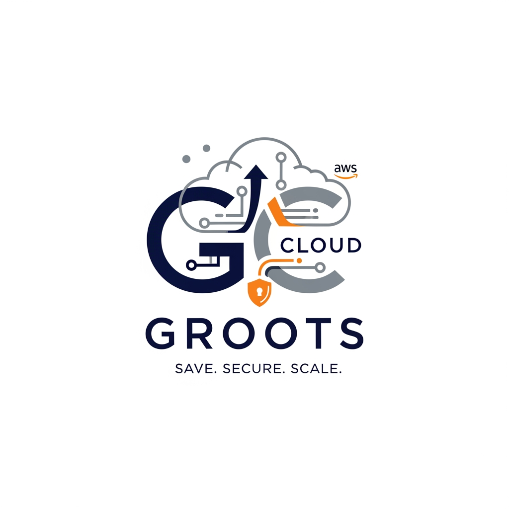 AI Design for Create a luxury corporate technology logo using the company's initials transformed into a cloud infrastructure symbol. Integrate cloud computing, security protection, and growth elements directly into the monogram using negative space design principles. The icon should appear intelligent, innovative, and highly recognizable. Use modern geometric lines, clean proportions, and premium typography. Inspired by leading global cloud companies and enterprise SaaS brands. Color palette: midnight blue, steel gray, AWS orange. Minimalist vector execution suitable for website, mobile app, social media, favicon, and corporate stationery. Company nam is Groots Include tagline "Save. Secure. Scale." Ultra-clean white background, 8K presentation.