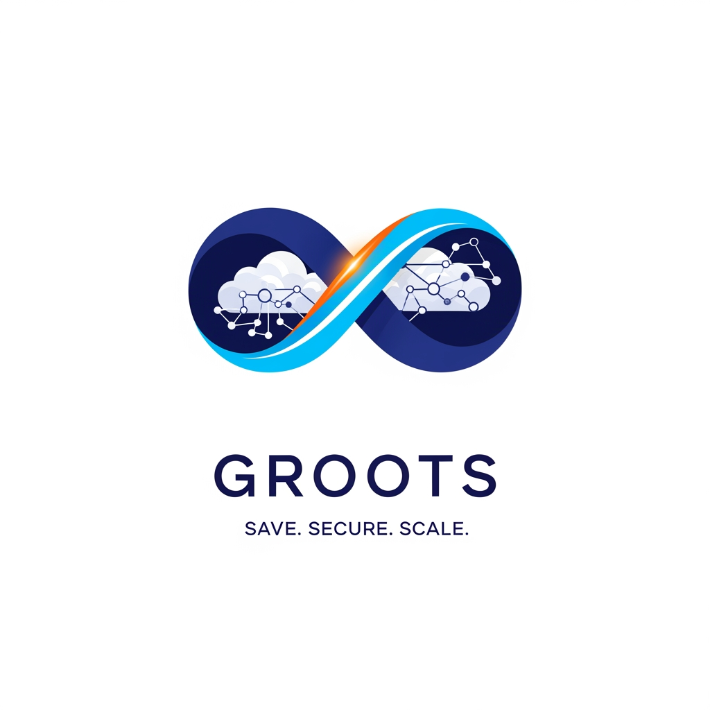 AI Design for Create a sophisticated enterprise IT logo featuring an infinity symbol seamlessly merged with cloud infrastructure elements. company name is Groots The infinity loop represents continuous integration, continuous deployment, DevOps automation, and limitless scalability. Incorporate subtle network nodes and cloud architecture references through negative space. Design should be minimal, modern, and suitable for AWS consulting, cloud migration, and managed services. Use deep blue, electric cyan, and orange highlights. Typography should be clean, corporate, and highly legible. Logo must feel innovative, secure, premium, and globally competitive. Add the tagline "Save. Secure. Scale." Professional vector identity system, flat design, white background, 8K quality.