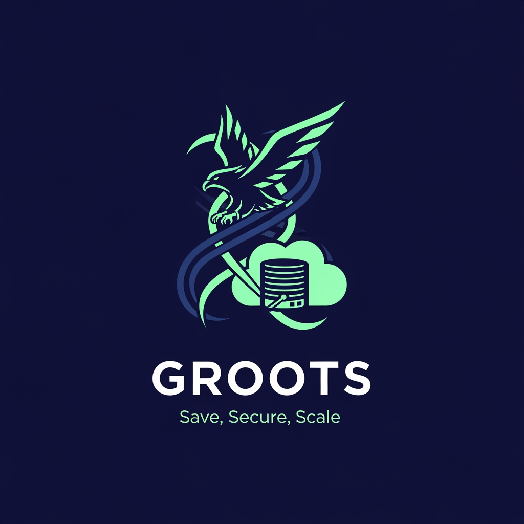 AI Design for ३. The "Save, Secure, Scale" Triple Helix
Prompt: Clean tech logo design for 'GROOTS'. Three interconnected geometric flowing lines forming an abstract eagle in flight and a data cloud node, representing the core principles 'Save, Secure, Scale'. Minimalist flat design, dual-tone navy blue and mint green, high contrast, crisp vector style, luxury IT service brand look.