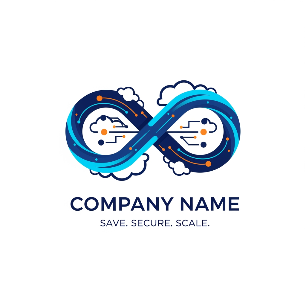 AI Design for Create a sophisticated enterprise IT logo featuring an infinity symbol seamlessly merged with cloud infrastructure elements. The infinity loop represents continuous integration, continuous deployment, DevOps automation, and limitless scalability. Incorporate subtle network nodes and cloud architecture references through negative space. Design should be minimal, modern, and suitable for AWS consulting, cloud migration, and managed services. Use deep blue, electric cyan, and orange highlights. Typography should be clean, corporate, and highly legible. Logo must feel innovative, secure, premium, and globally competitive. Add the tagline "Save. Secure. Scale." Professional vector identity system, flat design, white background, 8K quality.