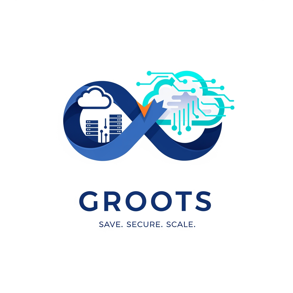 AI Design for Create a sophisticated enterprise IT logo featuring an infinity symbol seamlessly merged with cloud infrastructure elements. company name is Groots The infinity loop represents continuous integration, continuous deployment, DevOps automation, and limitless scalability. Incorporate subtle network nodes and cloud architecture references through negative space. Design should be minimal, modern, and suitable for AWS consulting, cloud migration, and managed services. Use deep blue, electric cyan, and orange highlights. Typography should be clean, corporate, and highly legible. Logo must feel innovative, secure, premium, and globally competitive. Add the tagline "Save. Secure. Scale." Professional vector identity system, flat design, white background, 8K quality.