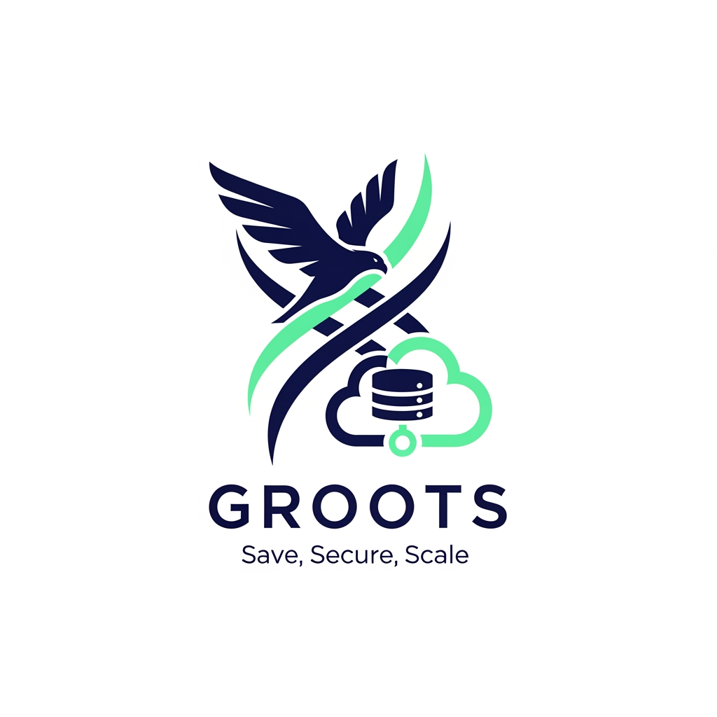AI Design for ३. The "Save, Secure, Scale" Triple Helix
Prompt: Clean tech logo design for 'GROOTS'. Three interconnected geometric flowing lines forming an abstract eagle in flight and a data cloud node, representing the core principles 'Save, Secure, Scale'. Minimalist flat design, dual-tone navy blue and mint green, high contrast, crisp vector style, luxury IT service brand look.