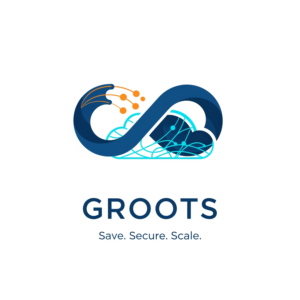 AI Design for Create a sophisticated enterprise IT logo featuring an infinity symbol seamlessly merged with cloud infrastructure elements. company name is Groots The infinity loop represents continuous integration, continuous deployment, DevOps automation, and limitless scalability. Incorporate subtle network nodes and cloud architecture references through negative space. Design should be minimal, modern, and suitable for AWS consulting, cloud migration, and managed services. Use deep blue, electric cyan, and orange highlights. Typography should be clean, corporate, and highly legible. Logo must feel innovative, secure, premium, and globally competitive. Add the tagline "Save. Secure. Scale." Professional vector identity system, flat design, white background, 8K quality.