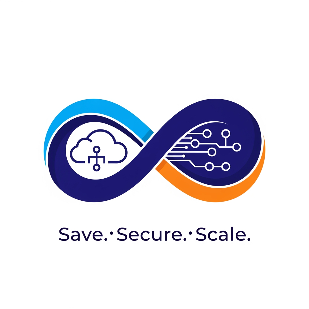 AI Design for Create a sophisticated enterprise IT logo featuring an infinity symbol seamlessly merged with cloud infrastructure elements. The infinity loop represents continuous integration, continuous deployment, DevOps automation, and limitless scalability. Incorporate subtle network nodes and cloud architecture references through negative space. Design should be minimal, modern, and suitable for AWS consulting, cloud migration, and managed services. Use deep blue, electric cyan, and orange highlights. Typography should be clean, corporate, and highly legible. Logo must feel innovative, secure, premium, and globally competitive. Add the tagline "Save. Secure. Scale." Professional vector identity system, flat design, white background, 8K quality.