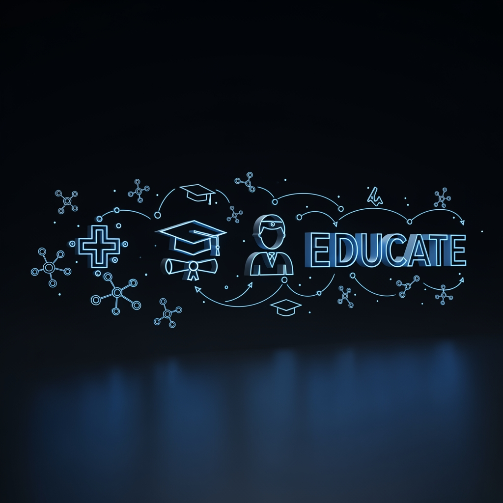 AI Design for Create a premium cinematic stroke-to-3D logo reveal for a Medical Representative Training Center. Start with a dark, elegant corporate background. Thin glowing blue strokes begin drawing the logo in mid-air, as if guided by intelligent medical data pathways. The stroke animation first traces the healthcare network connections, then the graduation cap, learner icon, and finally the EDUCATE typography. As each stroke completes, it transforms seamlessly into solid 3D geometry with depth, polished surfaces, and subtle premium reflections. Floating molecular particles, pharmaceutical network nodes, and educational knowledge pathways softly orbit around the formation process, reinforcing the medical training and healthcare education theme. Maintain the exact original logo colors with no modifications or color shifts. The camera follows the drawing strokes through 3D space, creating a sense of innovation, learning, and professional growth. Once fully formed, the logo extrudes into elegant 3D dimensions with refined bevels and premium lighting. Soft volumetric rays, cinematic depth of field, smooth motion blur, and luxury corporate branding aesthetics. End with a slow hero-camera orbit and a powerful front-facing composition of the completed logo, symbolizing medical excellence, pharmaceutical expertise, professional training, trust, and career advancement. Ultra-clean, sophisticated, timeless, high-end corporate identity animation, 4K, photorealistic rendering, premium educational healthcare brand reveal, no neon effects, no color changes, no logo redesign, no unnecessary elements.