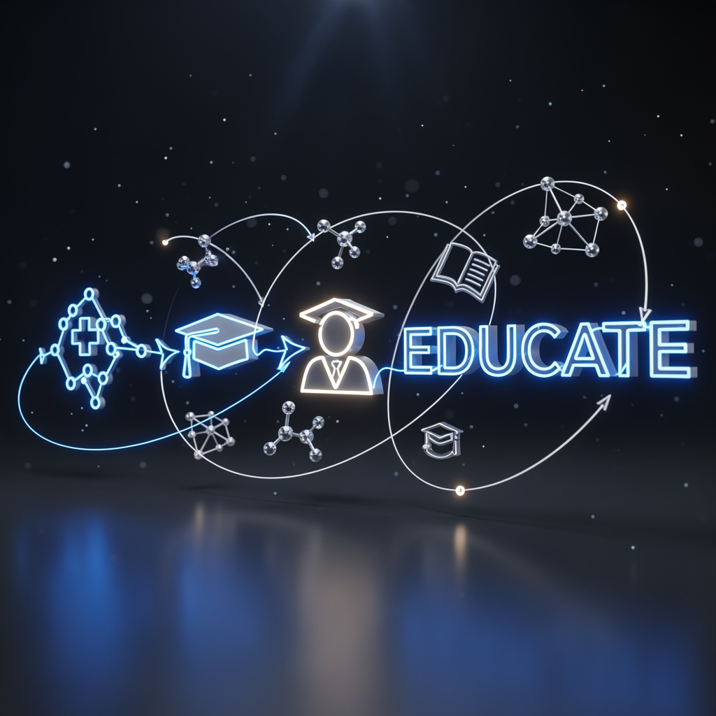 AI Design for Create a premium cinematic stroke-to-3D logo reveal for a Medical Representative Training Center. Start with a dark, elegant corporate background. Thin glowing blue strokes begin drawing the logo in mid-air, as if guided by intelligent medical data pathways. The stroke animation first traces the healthcare network connections, then the graduation cap, learner icon, and finally the EDUCATE typography. As each stroke completes, it transforms seamlessly into solid 3D geometry with depth, polished surfaces, and subtle premium reflections. Floating molecular particles, pharmaceutical network nodes, and educational knowledge pathways softly orbit around the formation process, reinforcing the medical training and healthcare education theme. Maintain the exact original logo colors with no modifications or color shifts. The camera follows the drawing strokes through 3D space, creating a sense of innovation, learning, and professional growth. Once fully formed, the logo extrudes into elegant 3D dimensions with refined bevels and premium lighting. Soft volumetric rays, cinematic depth of field, smooth motion blur, and luxury corporate branding aesthetics. End with a slow hero-camera orbit and a powerful front-facing composition of the completed logo, symbolizing medical excellence, pharmaceutical expertise, professional training, trust, and career advancement. Ultra-clean, sophisticated, timeless, high-end corporate identity animation, 4K, photorealistic rendering, premium educational healthcare brand reveal, no neon effects, no color changes, no logo redesign, no unnecessary elements.