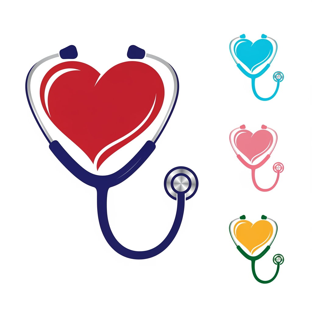 AI Design for Please give more iterations related heart and stethoscope and use different colors i want logo