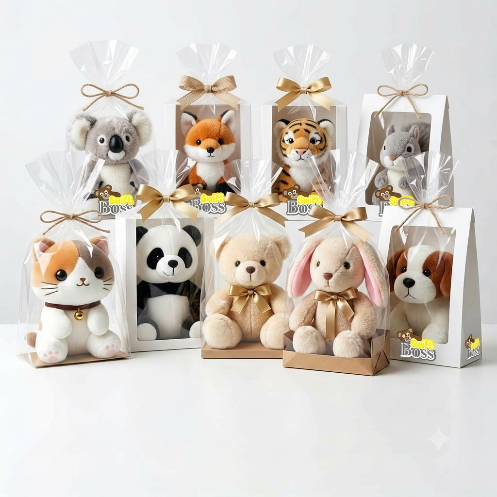 AI Design for make more stuffed toy behind the toy and use the give logo on the sides of the toy package of everyone of them