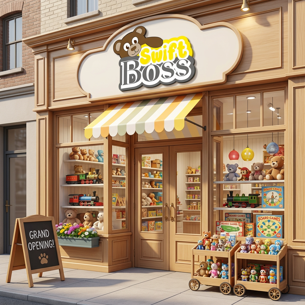 AI Design for toy shop outside view and logo on the top of the store