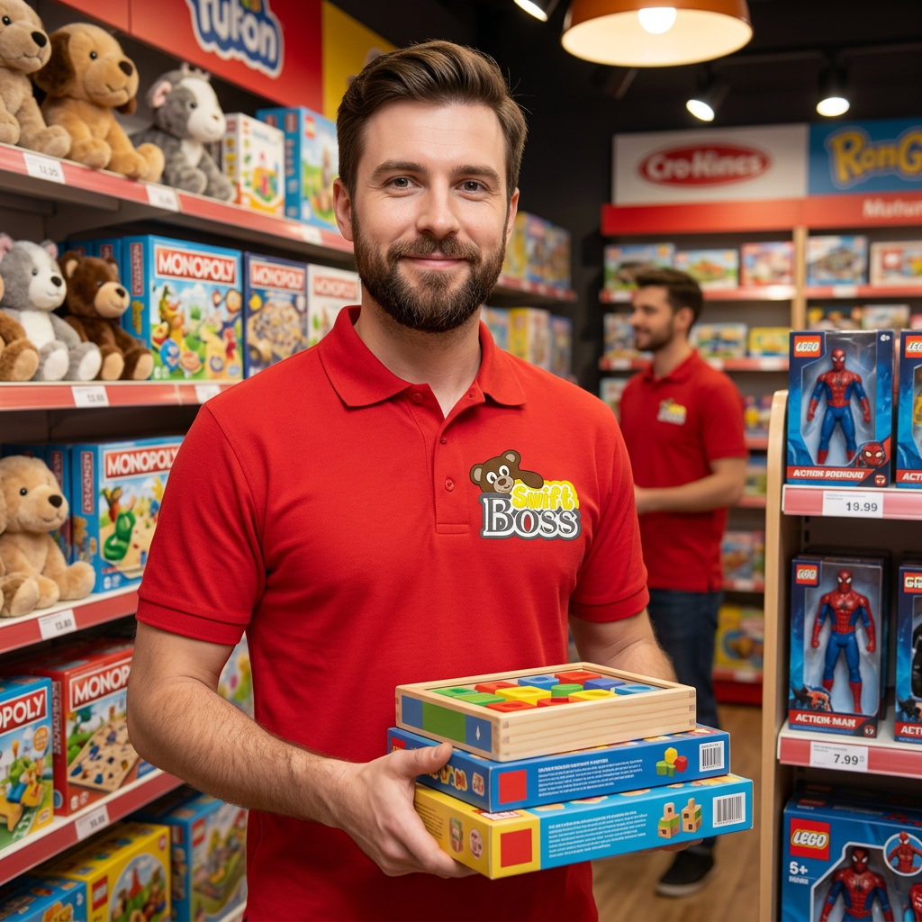 AI Design for you this logo on the red clothes of the employees of the toy shop