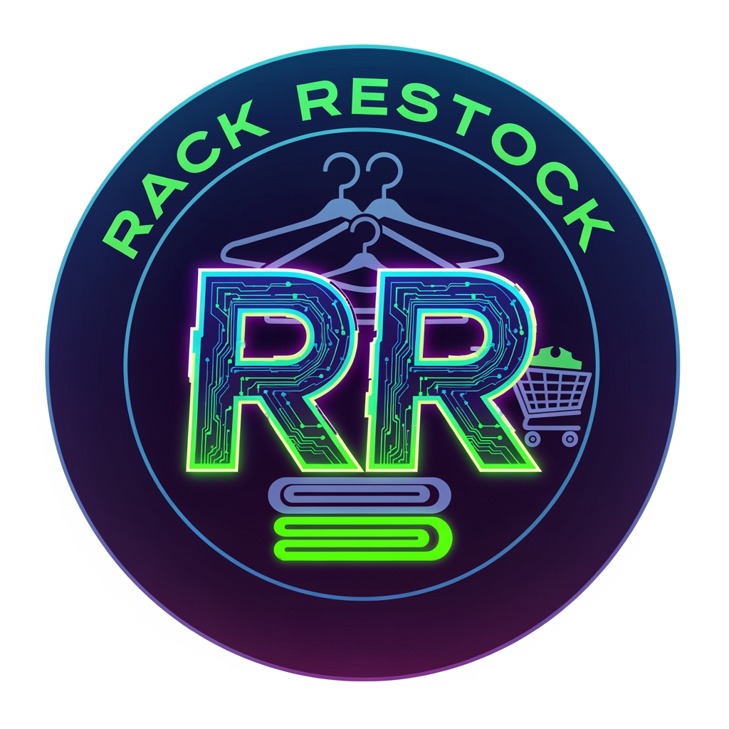 AI Design for i want to create logo for my thrift shop. Circullar with cyber font RR name is rack restock but on logo i want 2 R's