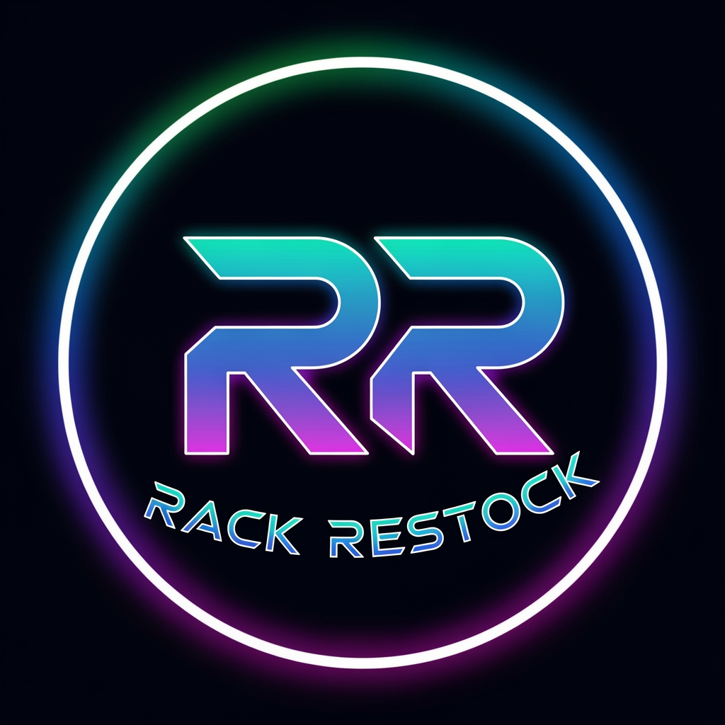 AI Design for i want to create logo for my thrift shop. Circullar with cyber font RR name is rack restock but on logo i want 2 R's