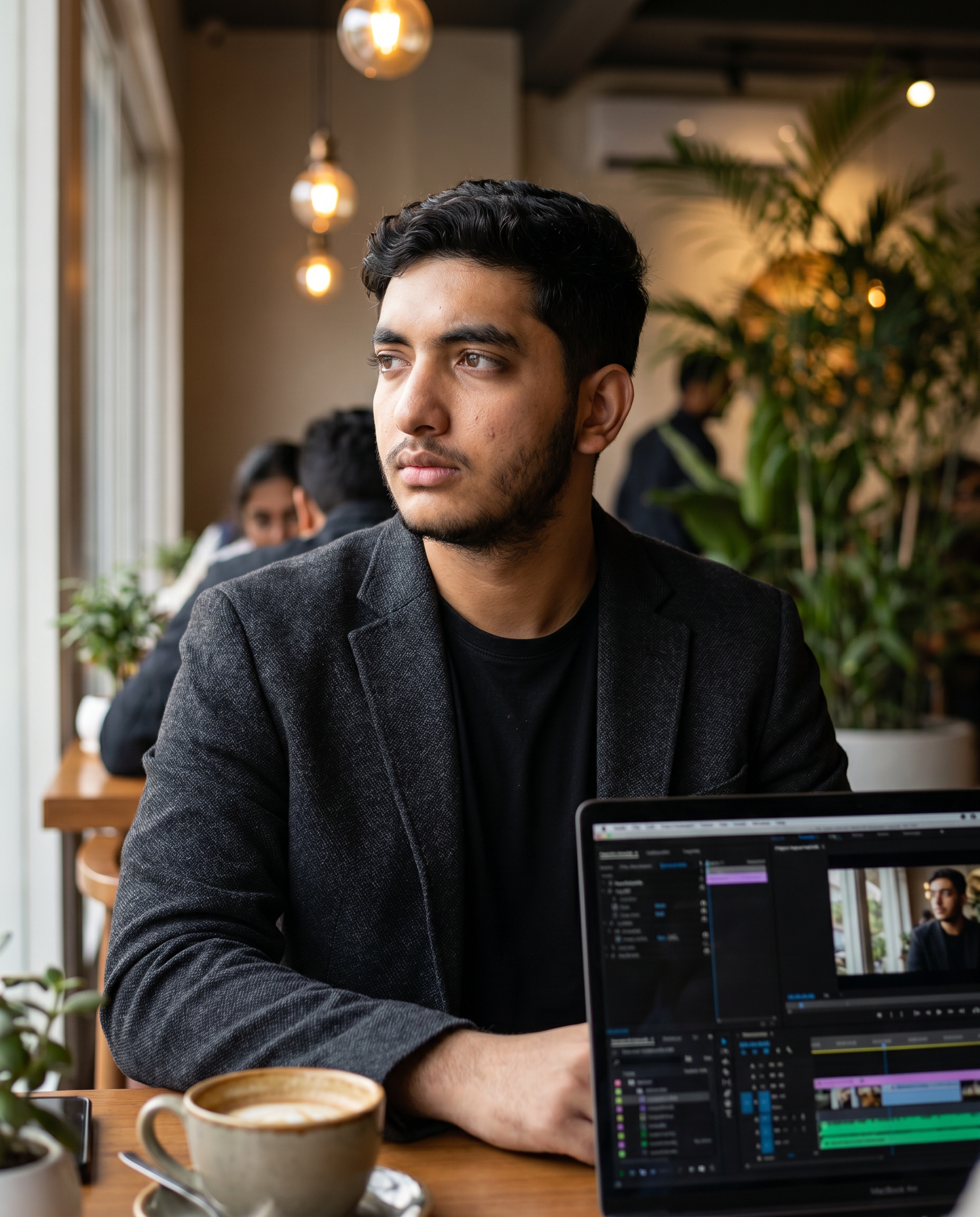 AI Design for A professional high-end editorial portrait featuring {{asset:1}} and {{asset:2}} as identity references, capturing the subject in a three-quarter view with a thoughtful, calm expression. The subject is seated at a wooden table in a luxury modern café, wearing a dark textured blazer over a black minimal shirt. The scene includes a laptop displaying an editing timeline, a coffee cup, and lush greenery under warm pendant lighting. Shot with an 85mm lens at f/1.8 to achieve cinematic depth, the lighting combines soft natural window light with subtle warm accents, emphasizing realistic skin texture, pores, and natural facial features. The aesthetic is sophisticated and grounded, utilizing a refined color palette of charcoal, amber, and muted teal.