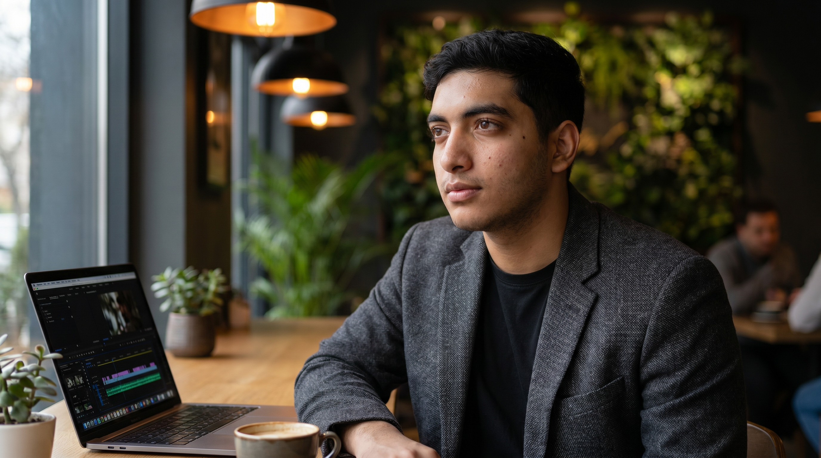 AI Design for A professional high-end editorial portrait featuring {{asset:1}} and {{asset:2}} as identity references, capturing the subject in a three-quarter view with a thoughtful, calm expression. The subject is seated at a wooden table in a luxury modern café, wearing a dark textured blazer over a black minimal shirt. The scene includes a laptop displaying an editing timeline, a coffee cup, and lush greenery under warm pendant lighting. Shot with an 85mm lens at f/1.8 to achieve cinematic depth, the lighting combines soft natural window light with subtle warm accents, emphasizing realistic skin texture, pores, and natural facial features. The aesthetic is sophisticated and grounded, utilizing a refined color palette of charcoal, amber, and muted teal.
