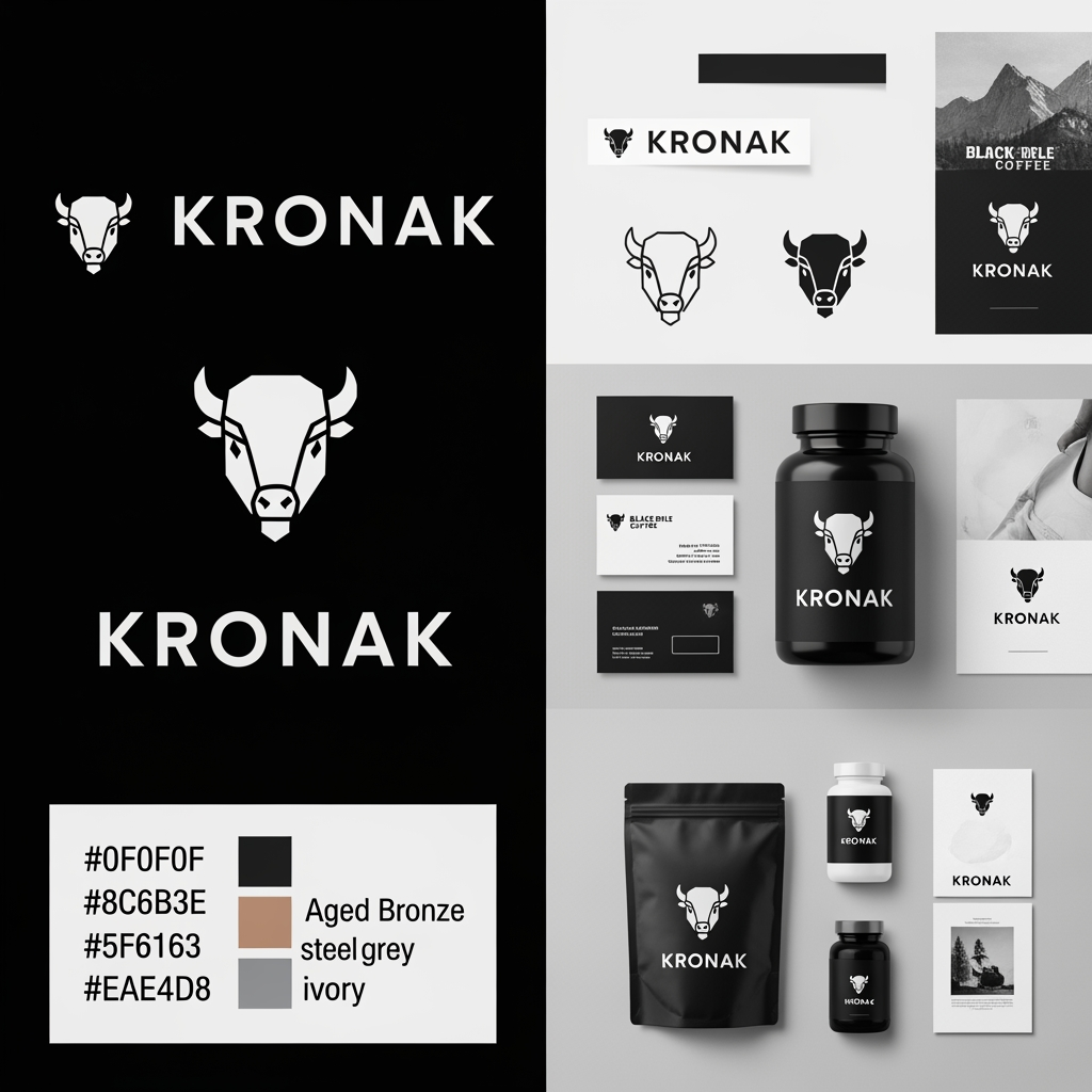 AI Design for Diseñar una presentación completa de identidad visual para una marca premium de suplementos masculinos llamada KRONAK. El imagotipo debe estar basado en una cabeza de bisonte geométrica minimalista, representando fuerza, liderazgo, resistencia, protección y dominio tranquilo. Estilo moderno, premium, elegante y masculino. No caricaturesco. No agresivo. Inspirado en marcas como Yeti, Black Rifle Coffee y automóviles de lujo. Mostrar logotipo principal, versión horizontal, isotipo independiente, aplicación en botella negra mate, tarjeta de presentación, packaging, redes sociales y mockups de marca. Incluir paleta de colores debajo del logo con códigos HEX visibles. Colores principales: negro carbón #0F0F0F, bronce envejecido #8C6B3E, gris acero #5F6163 y marfil #EAE4D8. Diseño editorial premium, fondo oscuro, presentación tipo brand board profesional.