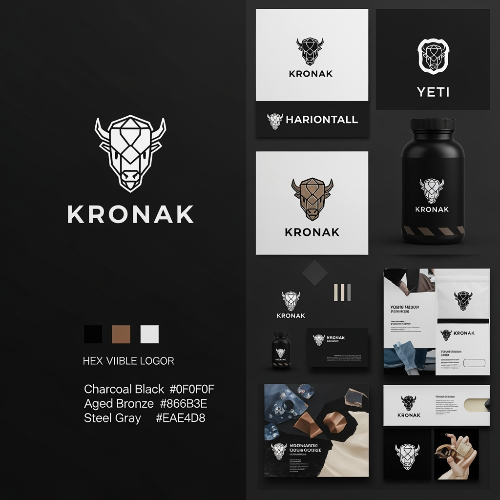 AI Design for Diseñar una presentación completa de identidad visual para una marca premium de suplementos masculinos llamada KRONAK. El imagotipo debe estar basado en una cabeza de bisonte geométrica minimalista, representando fuerza, liderazgo, resistencia, protección y dominio tranquilo. Estilo moderno, premium, elegante y masculino. No caricaturesco. No agresivo. Inspirado en marcas como Yeti, Black Rifle Coffee y automóviles de lujo. Mostrar logotipo principal, versión horizontal, isotipo independiente, aplicación en botella negra mate, tarjeta de presentación, packaging, redes sociales y mockups de marca. Incluir paleta de colores debajo del logo con códigos HEX visibles. Colores principales: negro carbón #0F0F0F, bronce envejecido #8C6B3E, gris acero #5F6163 y marfil #EAE4D8. Diseño editorial premium, fondo oscuro, presentación tipo brand board profesional.