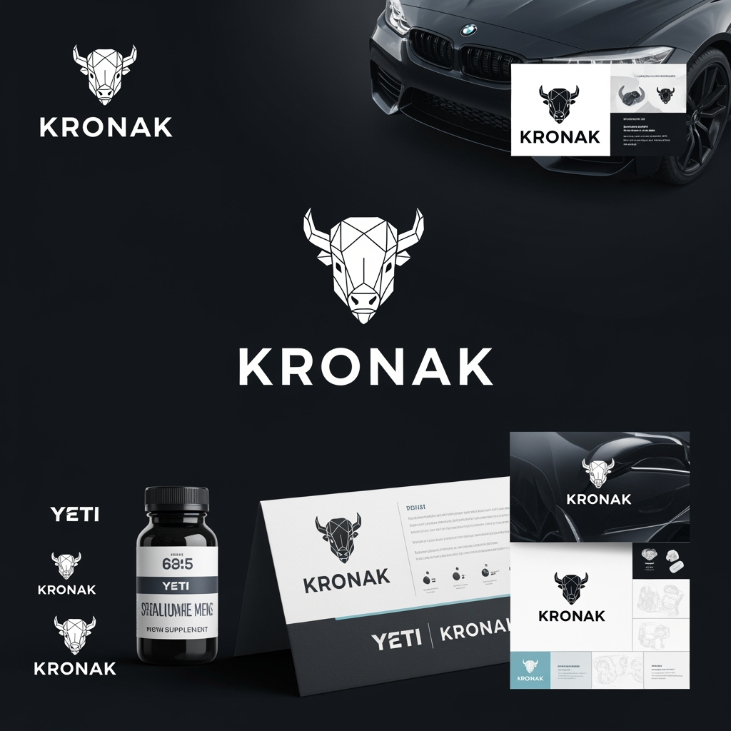 AI Design for Diseñar una presentación completa de identidad visual para una marca premium de suplementos masculinos llamada KRONAK. El imagotipo debe estar basado en una cabeza de bisonte geométrica minimalista, representando fuerza, liderazgo, resistencia, protección y dominio tranquilo. Estilo moderno, premium, elegante y masculino. No caricaturesco. No agresivo. Inspirado en marcas como Yeti, Black Rifle Coffee y automóviles de lujo. Mostrar logotipo principal, versión horizontal, isotipo independiente, aplicación en botella negra mate, tarjeta de presentación, packaging, redes sociales y mockups de marca. Incluir paleta de colores debajo del logo con códigos HEX visibles. Colores principales: negro carbón #0F0F0F, bronce envejecido #8C6B3E, gris acero #5F6163 y marfil #EAE4D8. Diseño editorial premium, fondo oscuro, presentación tipo brand board profesional.