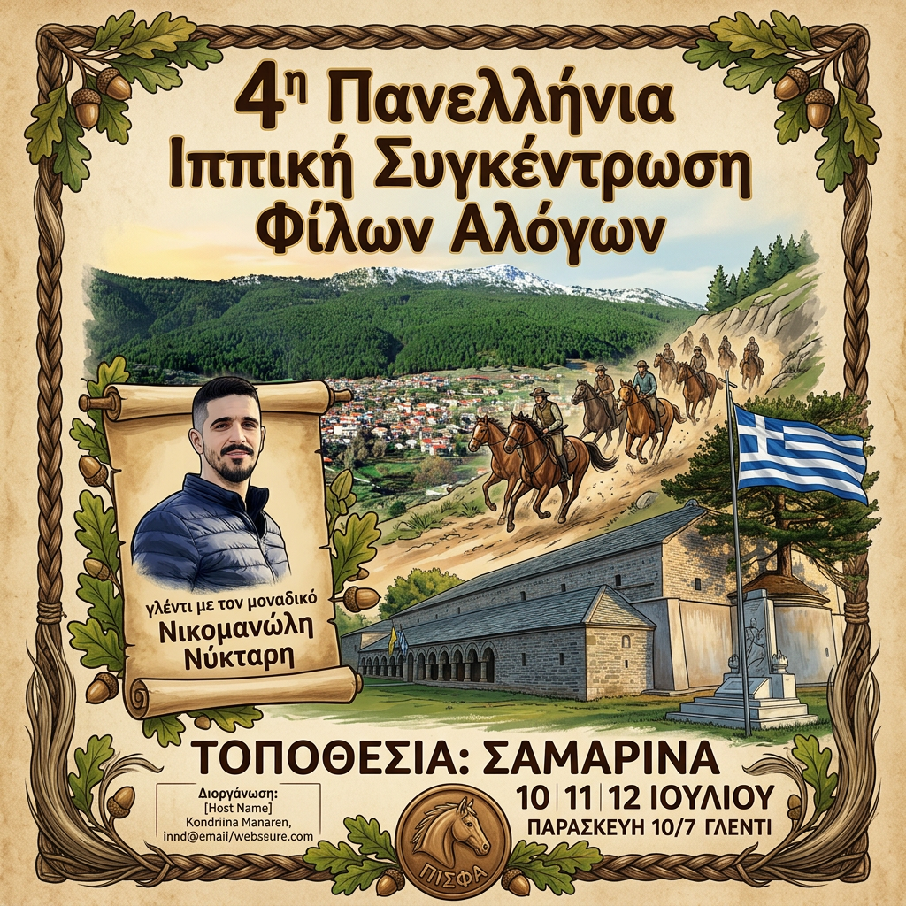 AI Design for θέλω να μου φτιάξεις μια αφίσα : το στύλ θέλω να είναι φύσης γιατί πρόκειται ναι είναι με πορεία αλόγων .... παρασκευή 10/7, γλέντι με τον μοναδικό Νικομανώλη Νύκταρη ΤΙΤΛΟΣ : 4η Πανελλήνια Ιππική Συγκέντρωση Φίλων Αλόγων . τοποθεσία: Σαμαρίνα , 10 11 12 ιουλίου θα σου στείλω φωτο τον νικομανώλη να βάλεις και δυο φοτο ακόμα απο το χωριό που θα γίνει για να τι; χρησιμοποιήσεις για backround. βάλε και την δική σου πινελιά να γίνει εντυπωσιακή