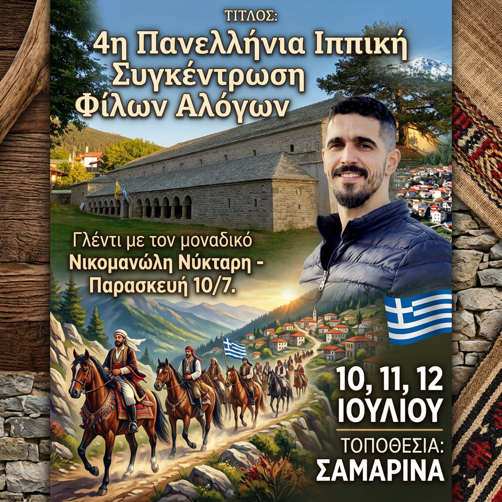 AI Design for θέλω να μου φτιάξεις μια αφίσα : το στύλ θέλω να είναι φύσης γιατί πρόκειται ναι είναι με πορεία αλόγων .... παρασκευή 10/7, γλέντι με τον μοναδικό Νικομανώλη Νύκταρη ΤΙΤΛΟΣ : 4η Πανελλήνια Ιππική Συγκέντρωση Φίλων Αλόγων . τοποθεσία: Σαμαρίνα , 10 11 12 ιουλίου θα σου στείλω φωτο τον νικομανώλη να βάλεις και δυο φοτο ακόμα απο το χωριό που θα γίνει για να τι; χρησιμοποιήσεις για backround. βάλε και την δική σου πινελιά να γίνει εντυπωσιακή