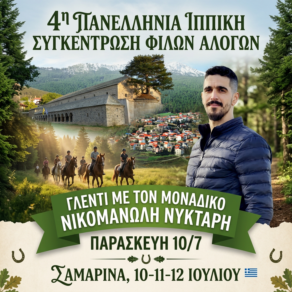 AI Design for θέλω να μου φτιάξεις μια αφίσα : το στύλ θέλω να είναι φύσης γιατί πρόκειται ναι είναι με πορεία αλόγων .... παρασκευή 10/7, γλέντι με τον μοναδικό Νικομανώλη Νύκταρη ΤΙΤΛΟΣ : 4η Πανελλήνια Ιππική Συγκέντρωση Φίλων Αλόγων . Σαμαρίνα , 10 11 12 ιουλίου θα σου στείλω φωτο τον νικομανώλη να βάλεις και δυο φοτο ακόμα απο το χωριό που θα γίνει για να τι; χρησιμοποιήσεις για backround. βάλε και την δική σου πινελιά να γίνει εντυπωσιακή θέλω πιο ρεαλιστικο και μην παραποιείς την φοτο του νικομανωλη μην βάζεις πρόγραμμα για τις άλλες μέρες βάλε πιο φύση μέσα