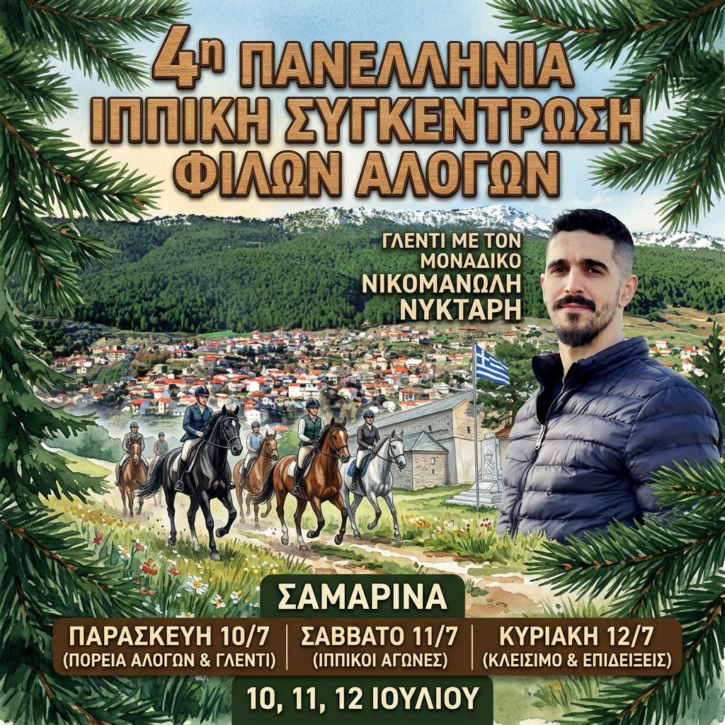 AI Design for θέλω να μου φτιάξεις μια αφίσα : το στύλ θέλω να είναι φύσης γιατί πρόκειται ναι είναι με πορεία αλόγων .... παρασκευή 10/7, γλέντι με τον μοναδικό Νικομανώλη Νύκταρη ΤΙΤΛΟΣ : 4η Πανελλήνια Ιππική Συγκέντρωση Φίλων Αλόγων . Σαμαρίνα , 10 11 12 ιουλίου θα σου στείλω φωτο τον νικομανώλη να βάλεις και δυο φοτο ακόμα απο το χωριό που θα γίνει για να τι; χρησιμοποιήσεις για backround. βάλε και την δική σου πινελιά να γίνει εντυπωσιακή θέλω πιο ρεαλιστικο και μην παραποιείς την φοτο του νικομανωλη