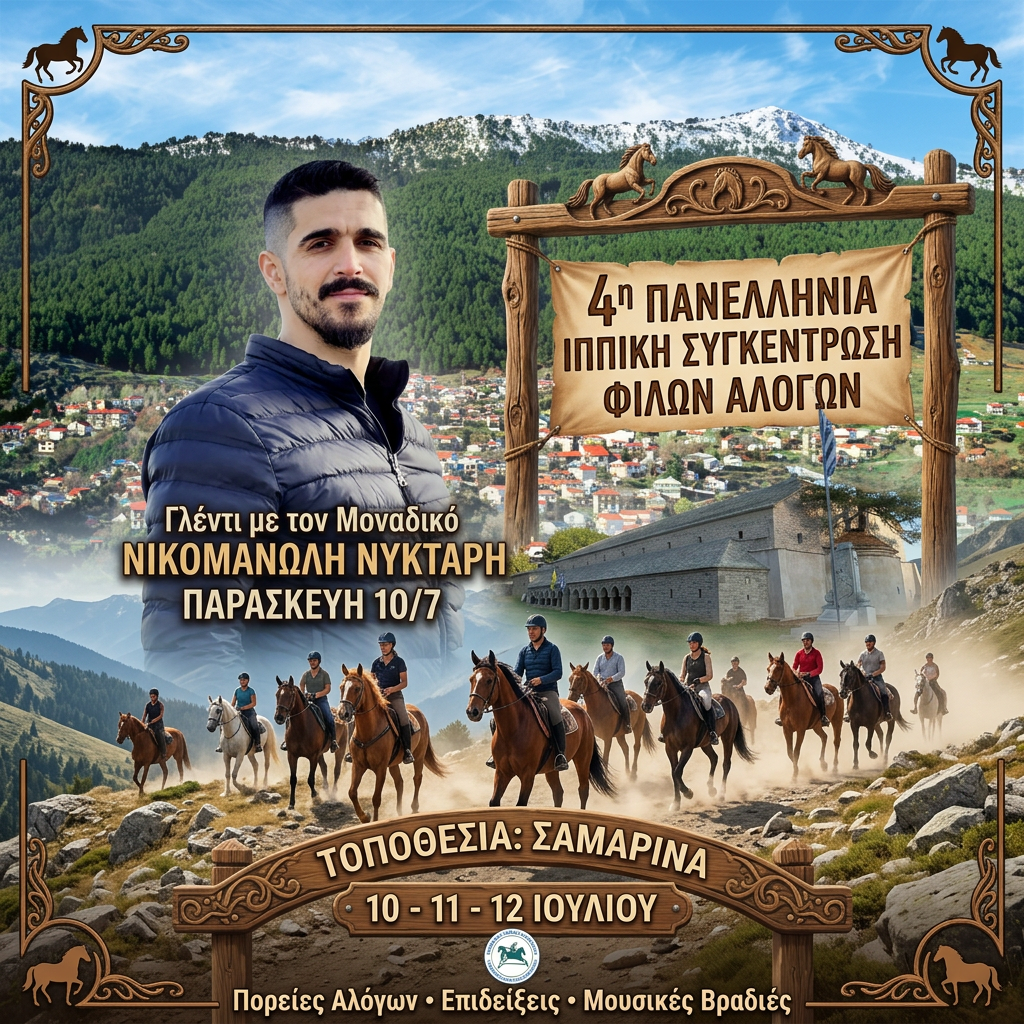 AI Design for θέλω να μου φτιάξεις μια αφίσα : το στύλ θέλω να είναι φύσης γιατί πρόκειται ναι είναι με πορεία αλόγων .... παρασκευή 10/7, γλέντι με τον μοναδικό Νικομανώλη Νύκταρη ΤΙΤΛΟΣ : 4η Πανελλήνια Ιππική Συγκέντρωση Φίλων Αλόγων . τοποθεσία: Σαμαρίνα , 10 11 12 ιουλίου θα σου στείλω φωτο τον νικομανώλη να βάλεις και δυο φοτο ακόμα απο το χωριό που θα γίνει για να τι; χρησιμοποιήσεις για backround. βάλε και την δική σου πινελιά να γίνει εντυπωσιακή θέλω πιο ρεαλιστικο και μην παραποιείς την φοτο του νικομανωλη
