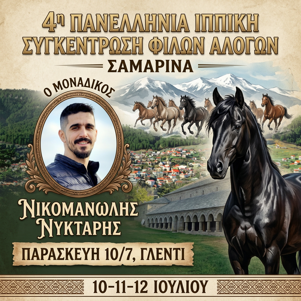 AI Design for θέλω να μου φτιάξεις μια αφίσα : το στύλ θέλω να είναι φύσης γιατί πρόκειται ναι είναι με πορεία αλόγων .... παρασκευή 10/7, γλέντι με τον μοναδικό Νικομανώλη Νύκταρη ΤΙΤΛΟΣ : 4η Πανελλήνια Ιππική Συγκέντρωση Φίλων Αλόγων . τοποθεσία: Σαμαρίνα , 10 11 12 ιουλίου θα σου στείλω φωτο τον νικομανώλη να βάλεις και δυο φοτο ακόμα απο το χωριό που θα γίνει για να τι; χρησιμοποιήσεις για backround. βάλε και την δική σου πινελιά να γίνει εντυπωσιακή θέλω πιο ρεαλιστικο