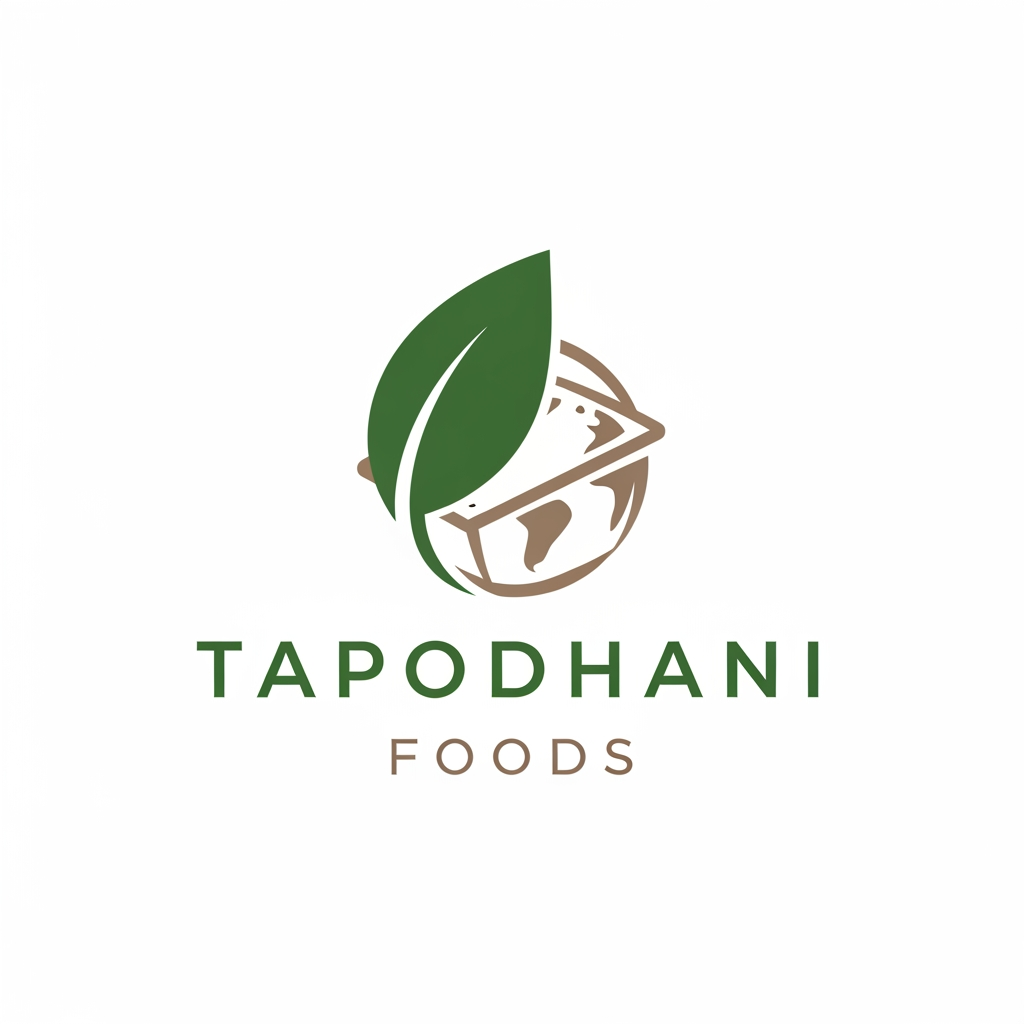 AI Design for Create a logo for my compnay
white background
we are exporting all food products
company name is Tapodhani Foods
We are exporting organic foods
dehydrated prodcuts and frozen foods
make logo in two color only
it should be corporate and elegant