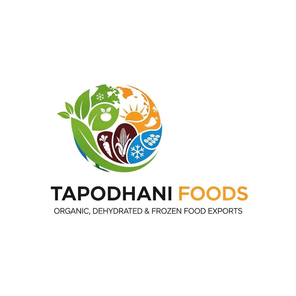AI Design for Create a logo for my compnay
white background
we are exporting all food products
company name is Tapodhani Foods
We are exporting organic foods
dehydrated prodcuts and frozen foods