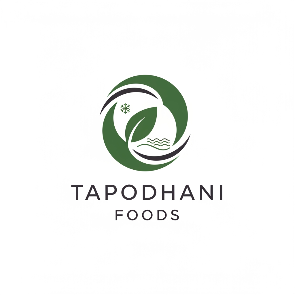 AI Design for Create a logo for my compnay
white background
we are exporting all food products
company name is Tapodhani Foods
We are exporting organic foods
dehydrated prodcuts and frozen foods
make logo in two color only
it should be corporate and elegant