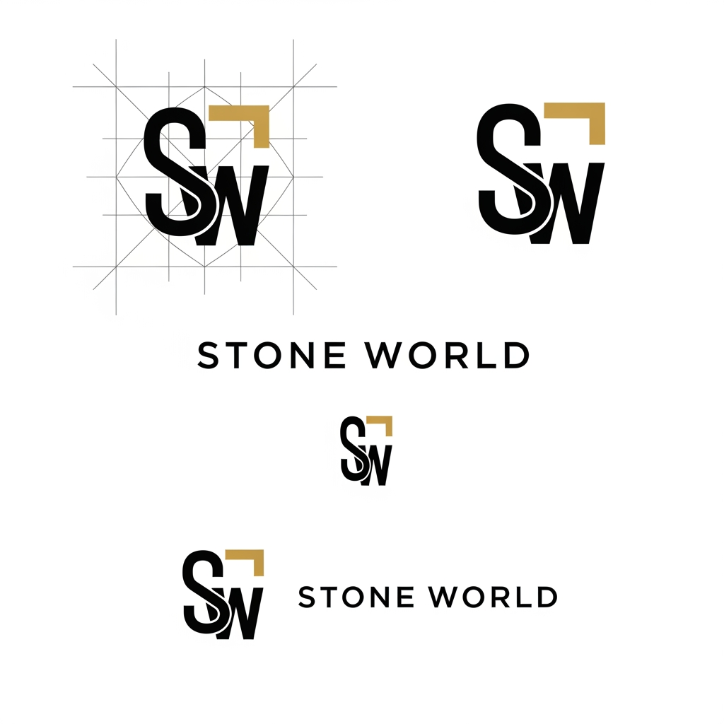 AI Design for Create a clean vector logo for STONE WORLD. Design a perfectly balanced monogram where the letters S and W are clearly visible and easy to trace in Adobe Illustrator. Use geometric construction, thick strokes, strong negative space, simple shapes, no gradients, no shadows, no marble textures. Premium luxury branding style inspired by architectural firms and luxury stone companies. Black and gold color palette on pure white background. Show construction grid, logo mark, and final logo presentation. Easy to recreate manually with Pen Tool. Behance-quality logo design, minimal, timeless, memorable.