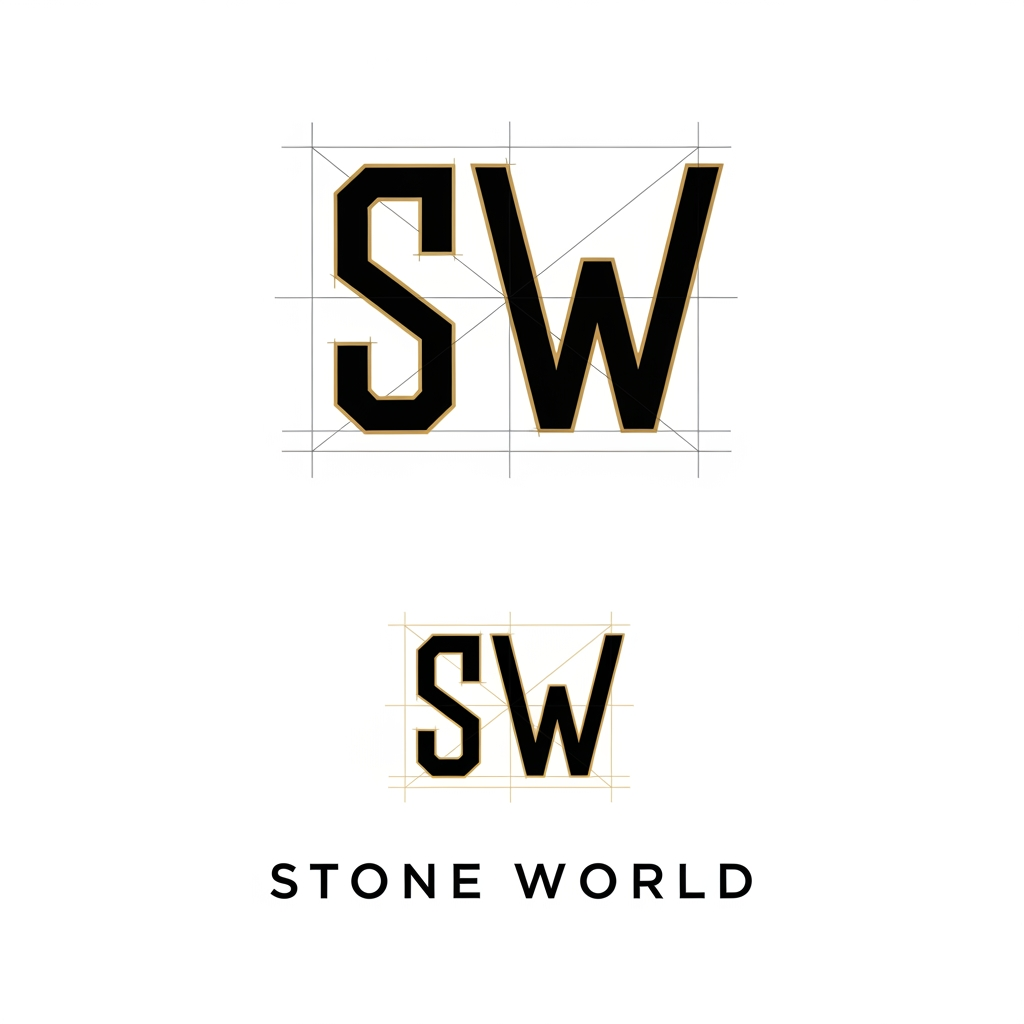 AI Design for Create a clean vector logo for STONE WORLD. Design a perfectly balanced monogram where the letters S and W are clearly visible and easy to trace in Adobe Illustrator. Use geometric construction, thick strokes, strong negative space, simple shapes, no gradients, no shadows, no marble textures. Premium luxury branding style inspired by architectural firms and luxury stone companies. Black and gold color palette on pure white background. Show construction grid, logo mark, and final logo presentation. Easy to recreate manually with Pen Tool. Behance-quality logo design, minimal, timeless, memorable.