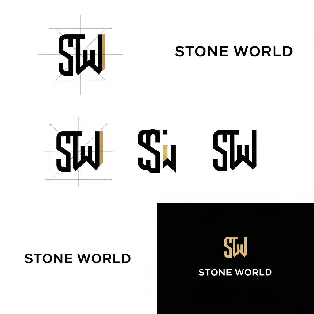 AI Design for Create a clean vector logo for STONE WORLD. Design a perfectly balanced monogram where the letters S and W are clearly visible and easy to trace in Adobe Illustrator. Use geometric construction, thick strokes, strong negative space, simple shapes, no gradients, no shadows, no marble textures. Premium luxury branding style inspired by architectural firms and luxury stone companies. Black and gold color palette on pure white background. Show construction grid, logo mark, and final logo presentation. Easy to recreate manually with Pen Tool. Behance-quality logo design, minimal, timeless, memorable.