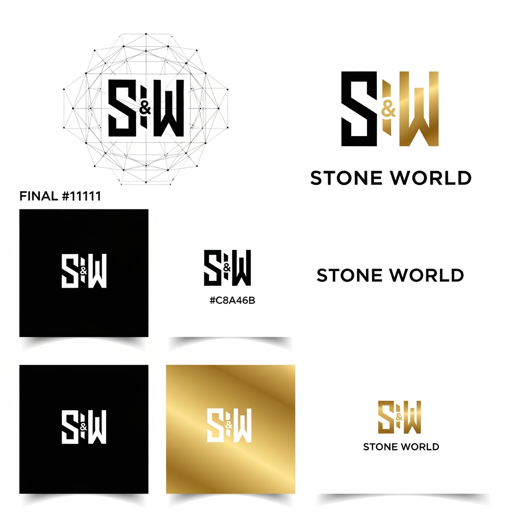 AI Design for Create a professional luxury monogram logo for STONE WORLD.
The logo icon must combine the letters S and W into a single geometric symbol using negative space. Both letters should be instantly recognizable and perfectly balanced.
Requirements:
• Easy to trace in Adobe Illustrator
• Built on a visible geometric grid
• Thick vector strokes
• Symmetrical construction
• Simple angular shapes only
• No gradients
• No shadows
• No marble textures
• No 3D effects
• No globe elements
Style:
• Premium architectural branding
• Luxury Italian marble company
• Minimalist Swiss design
• Timeless corporate identity
• Inspired by world-class brands like Rolex, Bentley, Foster + Partners and luxury real estate companies
Presentation:
1. Construction grid
2. Monogram breakdown
3. Final logo
4. Black version
5. Gold version
6. Logo on white background
Colors:
• Black (#111111)
• Luxury Gold (#C8A46B)
• White background
The final monogram should feel strong, trustworthy, global, premium and memorable. The logo must look like an award-winning Behance branding project and be simple enough to recreate manually with the Pen Tool.