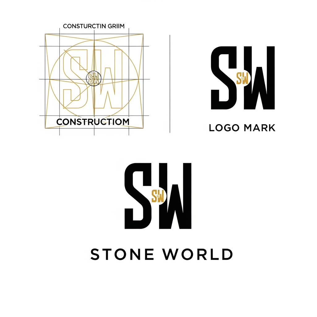 AI Design for Create a clean vector logo for STONE WORLD. Design a perfectly balanced monogram where the letters S and W are clearly visible and easy to trace in Adobe Illustrator. Use geometric construction, thick strokes, strong negative space, simple shapes, no gradients, no shadows, no marble textures. Premium luxury branding style inspired by architectural firms and luxury stone companies. Black and gold color palette on pure white background. Show construction grid, logo mark, and final logo presentation. Easy to recreate manually with Pen Tool. Behance-quality logo design, minimal, timeless, memorable.