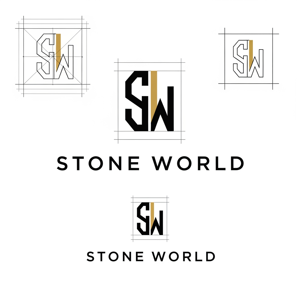 AI Design for Create a clean vector logo for STONE WORLD. Design a perfectly balanced monogram where the letters S and W are clearly visible and easy to trace in Adobe Illustrator. Use geometric construction, thick strokes, strong negative space, simple shapes, no gradients, no shadows, no marble textures. Premium luxury branding style inspired by architectural firms and luxury stone companies. Black and gold color palette on pure white background. Show construction grid, logo mark, and final logo presentation. Easy to recreate manually with Pen Tool. Behance-quality logo design, minimal, timeless, memorable.