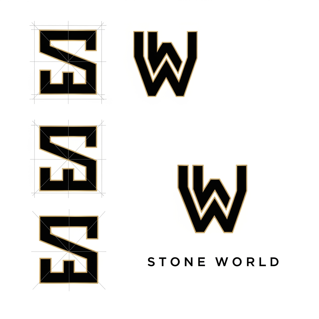 AI Design for Create a clean vector logo for STONE WORLD. Design a perfectly balanced monogram where the letters S and W are clearly visible and easy to trace in Adobe Illustrator. Use geometric construction, thick strokes, strong negative space, simple shapes, no gradients, no shadows, no marble textures. Premium luxury branding style inspired by architectural firms and luxury stone companies. Black and gold color palette on pure white background. Show construction grid, logo mark, and final logo presentation. Easy to recreate manually with Pen Tool. Behance-quality logo design, minimal, timeless, memorable.