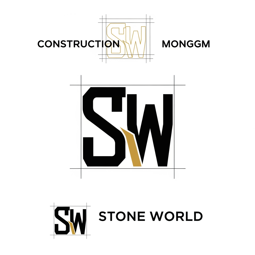 AI Design for Create a clean vector logo for STONE WORLD. Design a perfectly balanced monogram where the letters S and W are clearly visible and easy to trace in Adobe Illustrator. Use geometric construction, thick strokes, strong negative space, simple shapes, no gradients, no shadows, no marble textures. Premium luxury branding style inspired by architectural firms and luxury stone companies. Black and gold color palette on pure white background. Show construction grid, logo mark, and final logo presentation. Easy to recreate manually with Pen Tool. Behance-quality logo design, minimal, timeless, memorable.