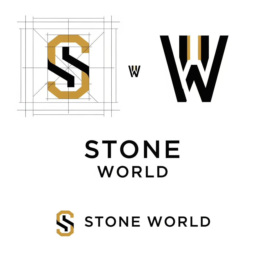 AI Design for Create a clean vector logo for STONE WORLD. Design a perfectly balanced monogram where the letters S and W are clearly visible and easy to trace in Adobe Illustrator. Use geometric construction, thick strokes, strong negative space, simple shapes, no gradients, no shadows, no marble textures. Premium luxury branding style inspired by architectural firms and luxury stone companies. Black and gold color palette on pure white background. Show construction grid, logo mark, and final logo presentation. Easy to recreate manually with Pen Tool. Behance-quality logo design, minimal, timeless, memorable.