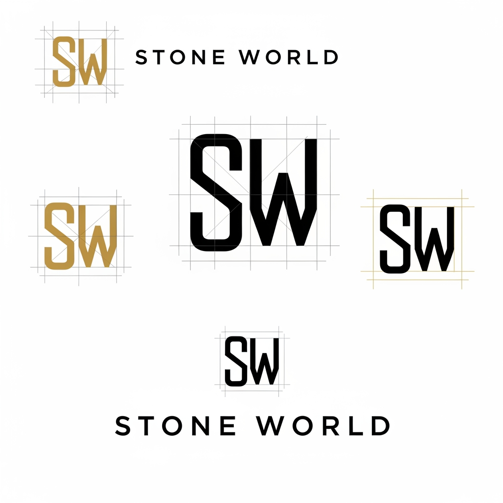 AI Design for Create a clean vector logo for STONE WORLD. Design a perfectly balanced monogram where the letters S and W are clearly visible and easy to trace in Adobe Illustrator. Use geometric construction, thick strokes, strong negative space, simple shapes, no gradients, no shadows, no marble textures. Premium luxury branding style inspired by architectural firms and luxury stone companies. Black and gold color palette on pure white background. Show construction grid, logo mark, and final logo presentation. Easy to recreate manually with Pen Tool. Behance-quality logo design, minimal, timeless, memorable.