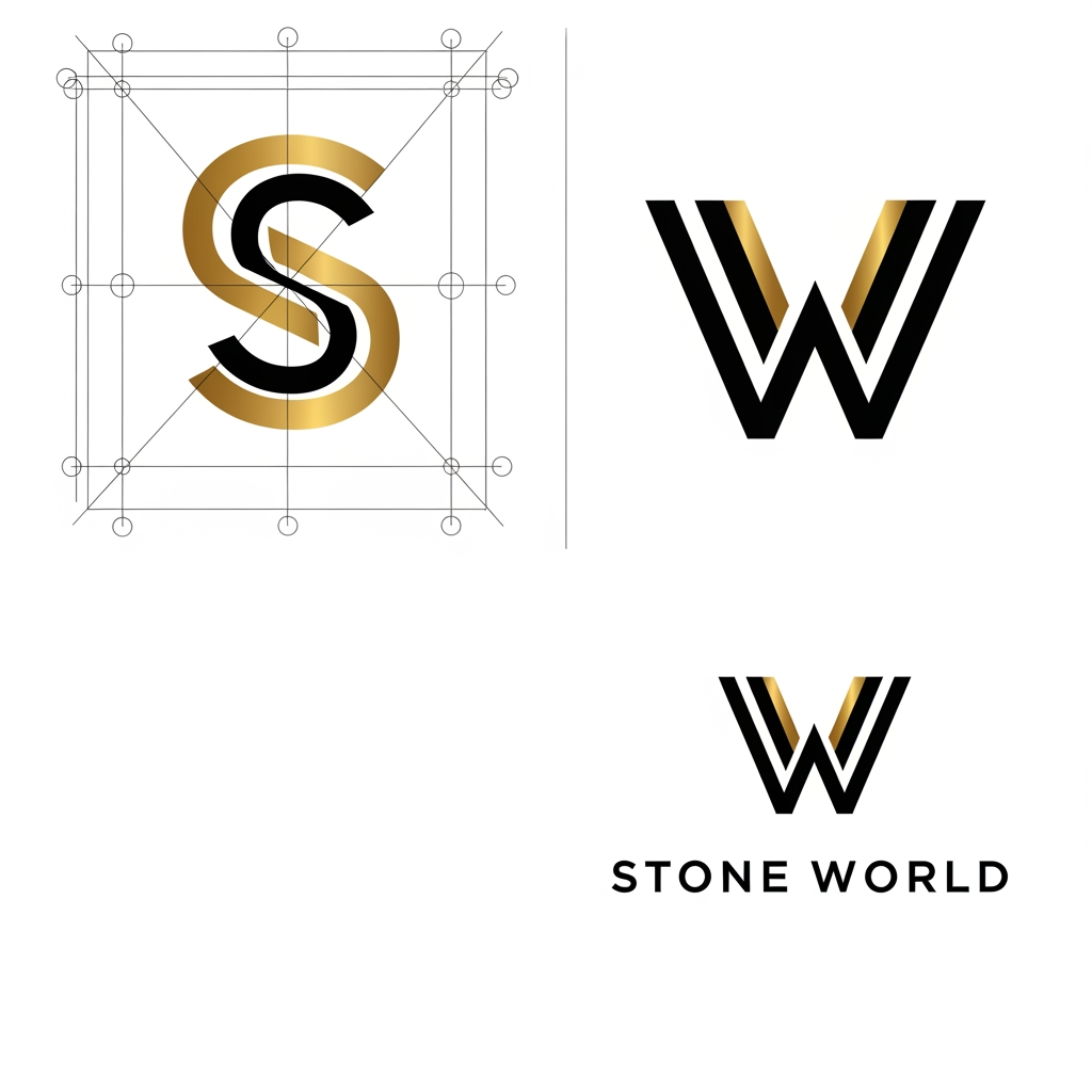 AI Design for Create a clean vector logo for STONE WORLD. Design a perfectly balanced monogram where the letters S and W are clearly visible and easy to trace in Adobe Illustrator. Use geometric construction, thick strokes, strong negative space, simple shapes, no gradients, no shadows, no marble textures. Premium luxury branding style inspired by architectural firms and luxury stone companies. Black and gold color palette on pure white background. Show construction grid, logo mark, and final logo presentation. Easy to recreate manually with Pen Tool. Behance-quality logo design, minimal, timeless, memorable.