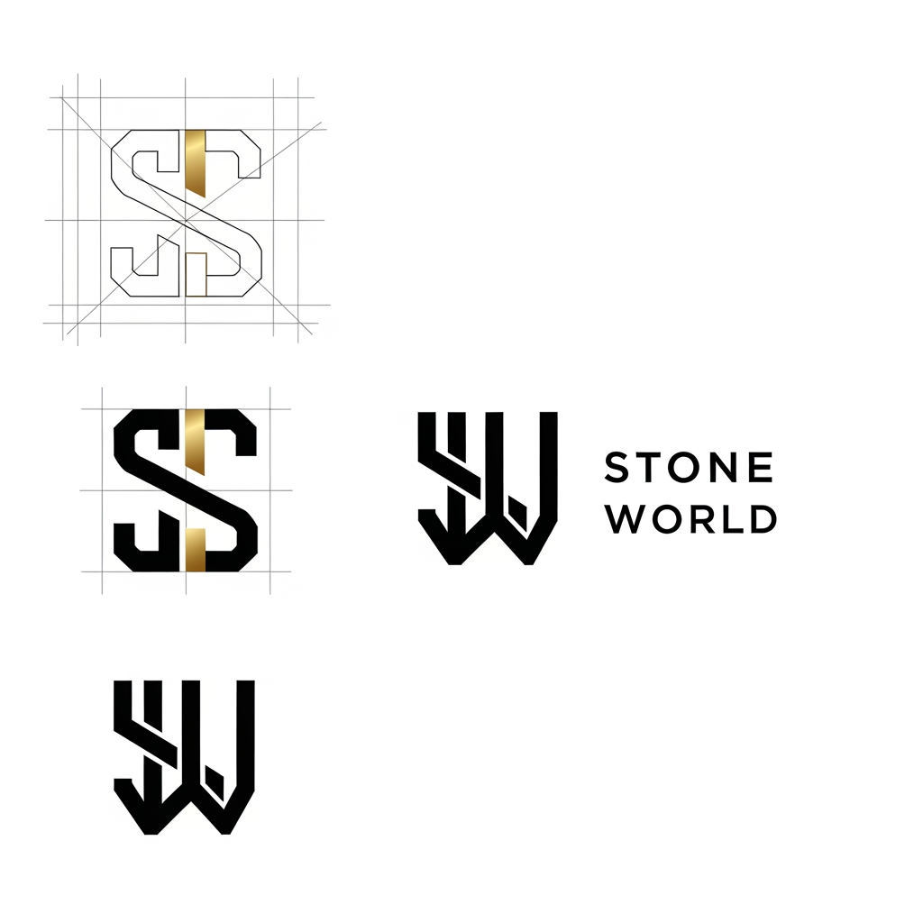 AI Design for Create a clean vector logo for STONE WORLD. Design a perfectly balanced monogram where the letters S and W are clearly visible and easy to trace in Adobe Illustrator. Use geometric construction, thick strokes, strong negative space, simple shapes, no gradients, no shadows, no marble textures. Premium luxury branding style inspired by architectural firms and luxury stone companies. Black and gold color palette on pure white background. Show construction grid, logo mark, and final logo presentation. Easy to recreate manually with Pen Tool. Behance-quality logo design, minimal, timeless, memorable.