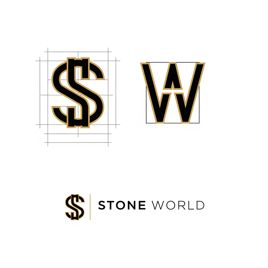 AI Design for Create a clean vector logo for STONE WORLD. Design a perfectly balanced monogram where the letters S and W are clearly visible and easy to trace in Adobe Illustrator. Use geometric construction, thick strokes, strong negative space, simple shapes, no gradients, no shadows, no marble textures. Premium luxury branding style inspired by architectural firms and luxury stone companies. Black and gold color palette on pure white background. Show construction grid, logo mark, and final logo presentation. Easy to recreate manually with Pen Tool. Behance-quality logo design, minimal, timeless, memorable.