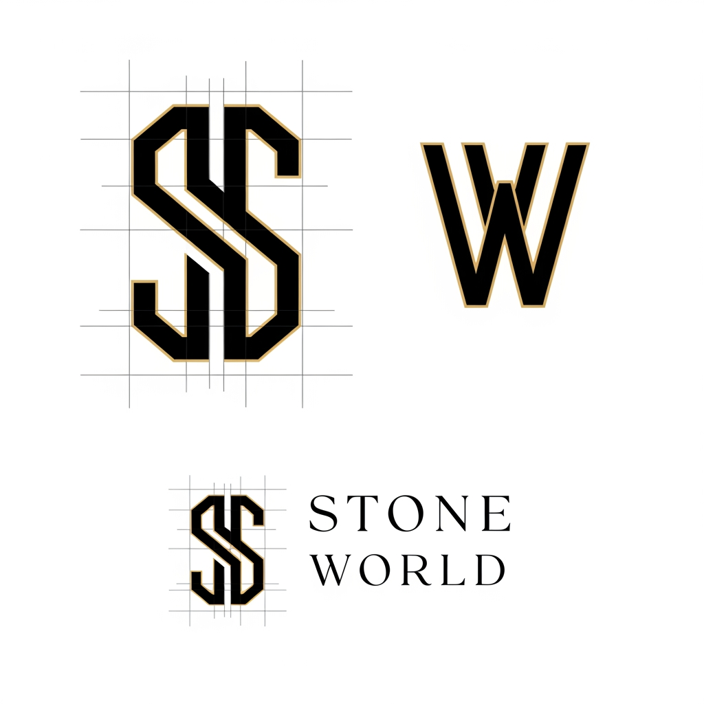 AI Design for Create a clean vector logo for STONE WORLD. Design a perfectly balanced monogram where the letters S and W are clearly visible and easy to trace in Adobe Illustrator. Use geometric construction, thick strokes, strong negative space, simple shapes, no gradients, no shadows, no marble textures. Premium luxury branding style inspired by architectural firms and luxury stone companies. Black and gold color palette on pure white background. Show construction grid, logo mark, and final logo presentation. Easy to recreate manually with Pen Tool. Behance-quality logo design, minimal, timeless, memorable.
