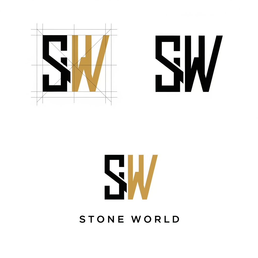 AI Design for Create a clean vector logo for STONE WORLD. Design a perfectly balanced monogram where the letters S and W are clearly visible and easy to trace in Adobe Illustrator. Use geometric construction, thick strokes, strong negative space, simple shapes, no gradients, no shadows, no marble textures. Premium luxury branding style inspired by architectural firms and luxury stone companies. Black and gold color palette on pure white background. Show construction grid, logo mark, and final logo presentation. Easy to recreate manually with Pen Tool. Behance-quality logo design, minimal, timeless, memorable.