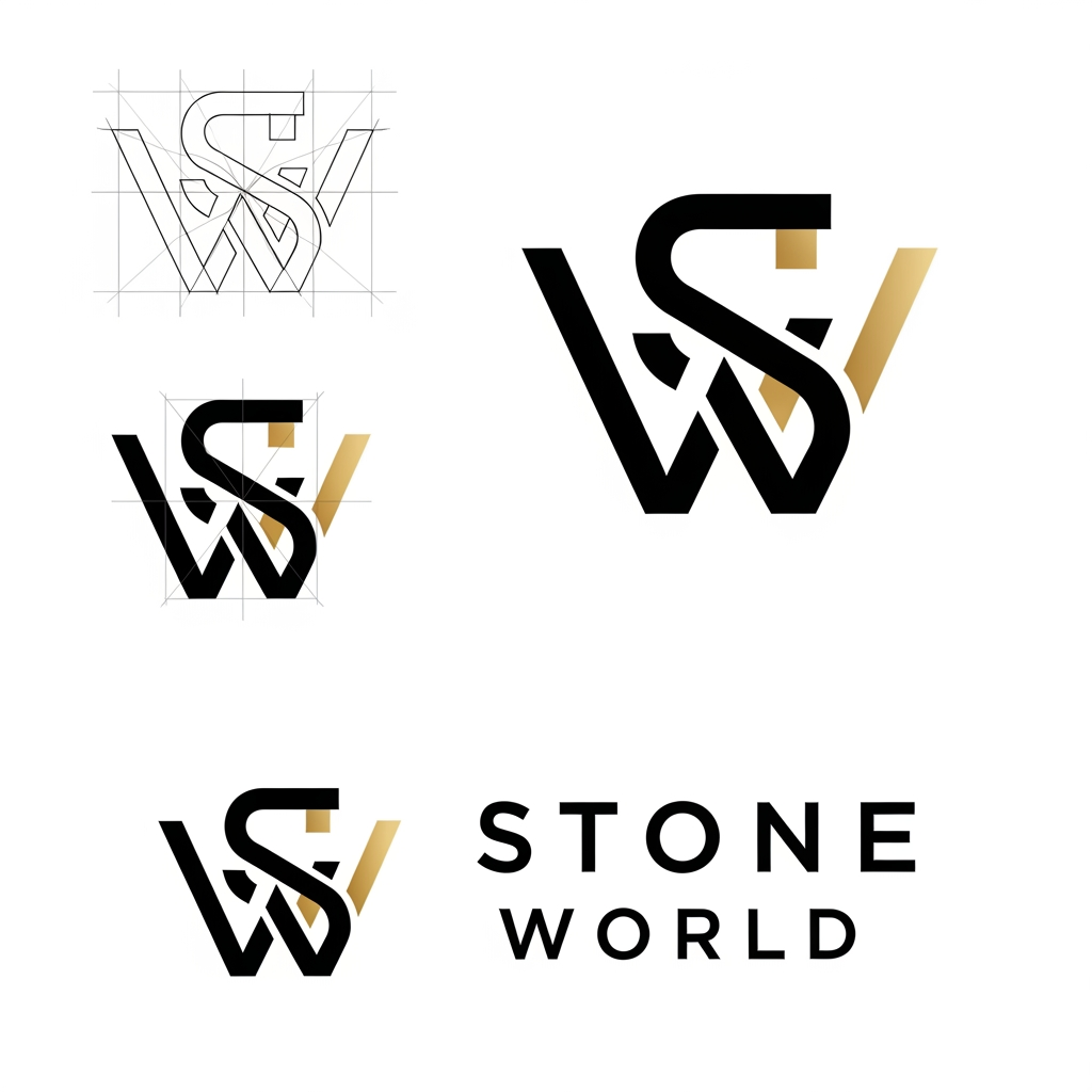 AI Design for Create a clean vector logo for STONE WORLD. Design a perfectly balanced monogram where the letters S and W are clearly visible and easy to trace in Adobe Illustrator. Use geometric construction, thick strokes, strong negative space, simple shapes, no gradients, no shadows, no marble textures. Premium luxury branding style inspired by architectural firms and luxury stone companies. Black and gold color palette on pure white background. Show construction grid, logo mark, and final logo presentation. Easy to recreate manually with Pen Tool. Behance-quality logo design, minimal, timeless, memorable.