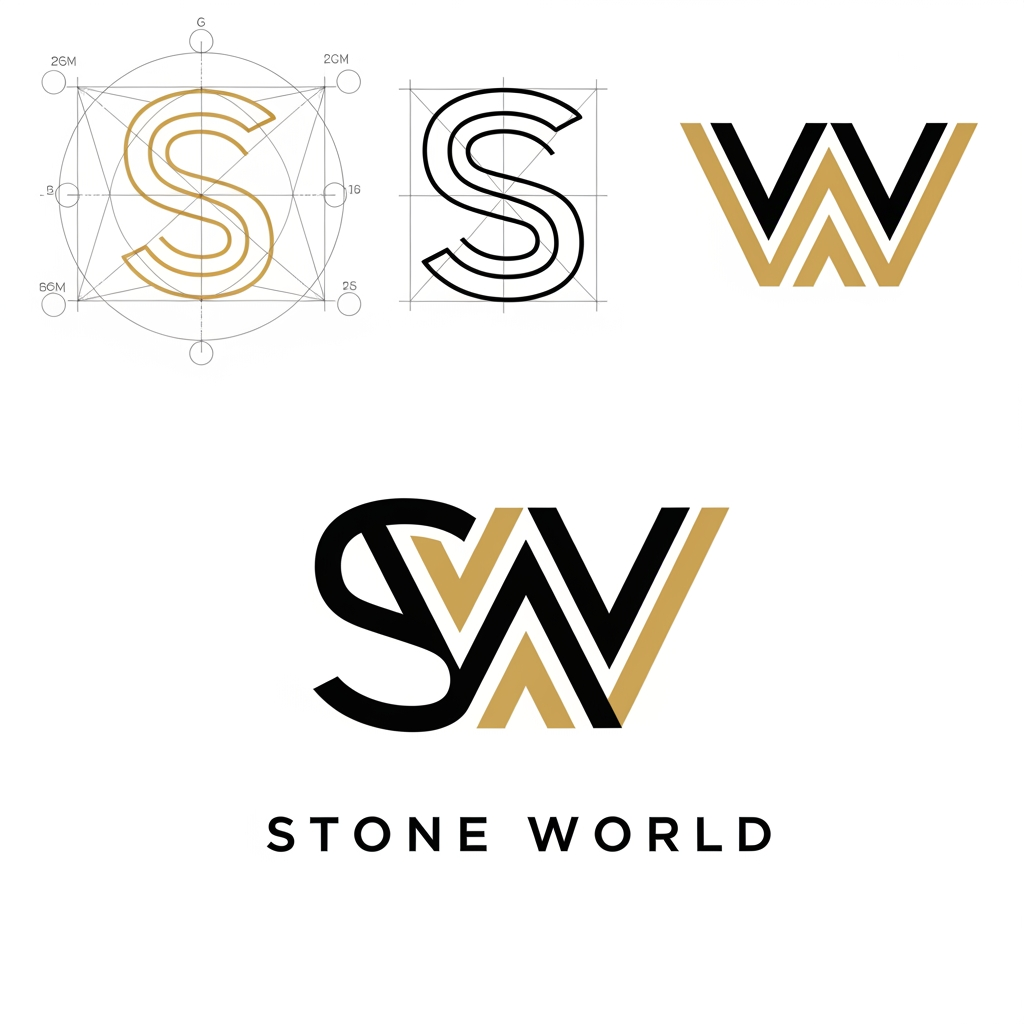 AI Design for Create a clean vector logo for STONE WORLD. Design a perfectly balanced monogram where the letters S and W are clearly visible and easy to trace in Adobe Illustrator. Use geometric construction, thick strokes, strong negative space, simple shapes, no gradients, no shadows, no marble textures. Premium luxury branding style inspired by architectural firms and luxury stone companies. Black and gold color palette on pure white background. Show construction grid, logo mark, and final logo presentation. Easy to recreate manually with Pen Tool. Behance-quality logo design, minimal, timeless, memorable.
